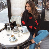 Vintage Black High Neck Pullover Long Sleeve Heart Jacquard Knit Sweater